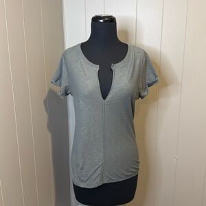 Nation Women’s Small Short Sleeve T Shirt V Neck Slit Cropped Rolled Sleeve